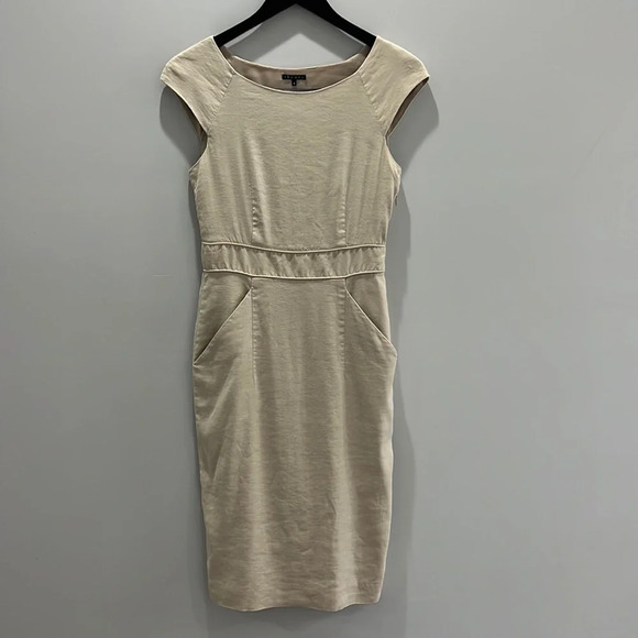 Theory Cap Sleeve Tan Linen Pencil Midi Dress, with pockets side zipper Size 2 - Picture 2 of 10